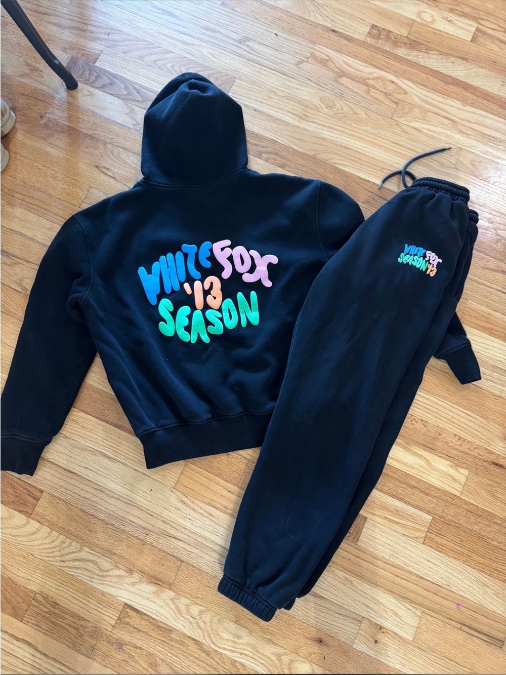 White Fox Black Hoodie & Joggers with Multicolor Puff 'Season' Graphic